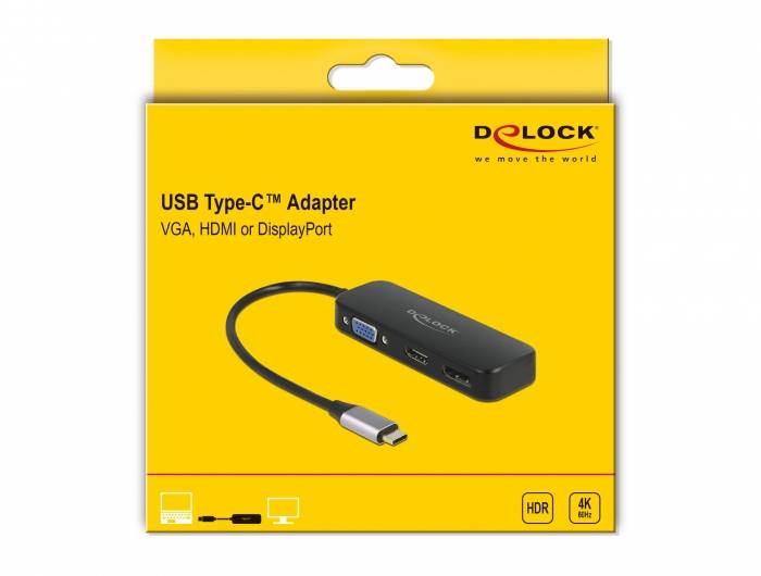 Gele verpakking met USB Type-C adapter. Poorten: VGA, HDMI, DisplayPort. Opschrift: 'USB Type-C adapter'. Merk: DeLOCK.