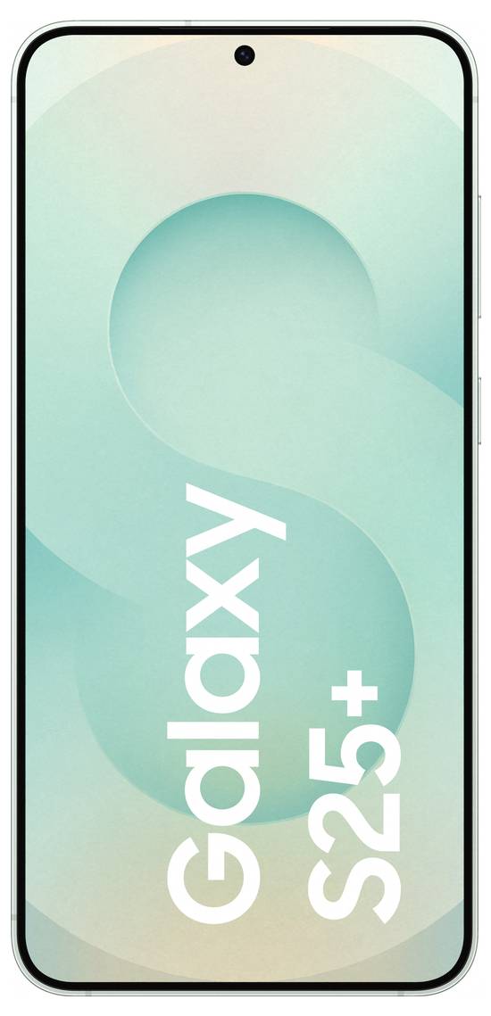 Smartphone 'Galaxy S25+', vooraanzicht met groot display en cameragat bovenaan. Groene achtergrond met 'Galaxy S25+'-opschrift.