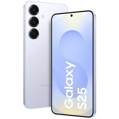 Samsung Galaxy S25 smartphone in zilver, voor- en achterkant. De voorkant toont een display met de tekst 'Galaxy S25'.