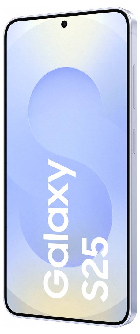 Smartphone met een blauwe kleurovergang op het scherm; het display toont de tekst 'Galaxy S25'.