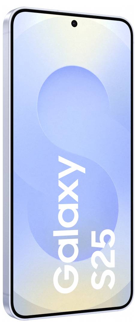 Smartphone met een groot scherm waarop 'Galaxy S25' staat weergegeven, verticaal gepositioneerd.