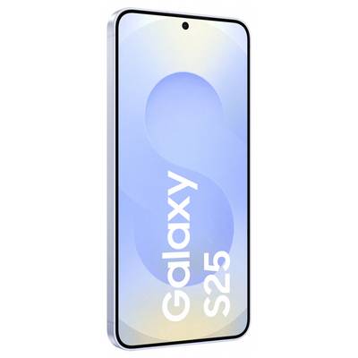 Smartphone met een groot scherm waarop 'Galaxy S25' staat weergegeven, verticaal gepositioneerd.