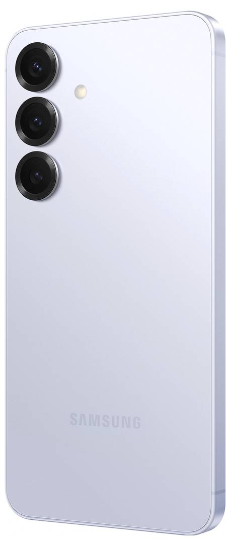 Smartphone van achteren, zilveren achterkant, drie verticaal geplaatste cameraleLen linksboven, LED-flitser ernaast, Samsung-logo onderaan.