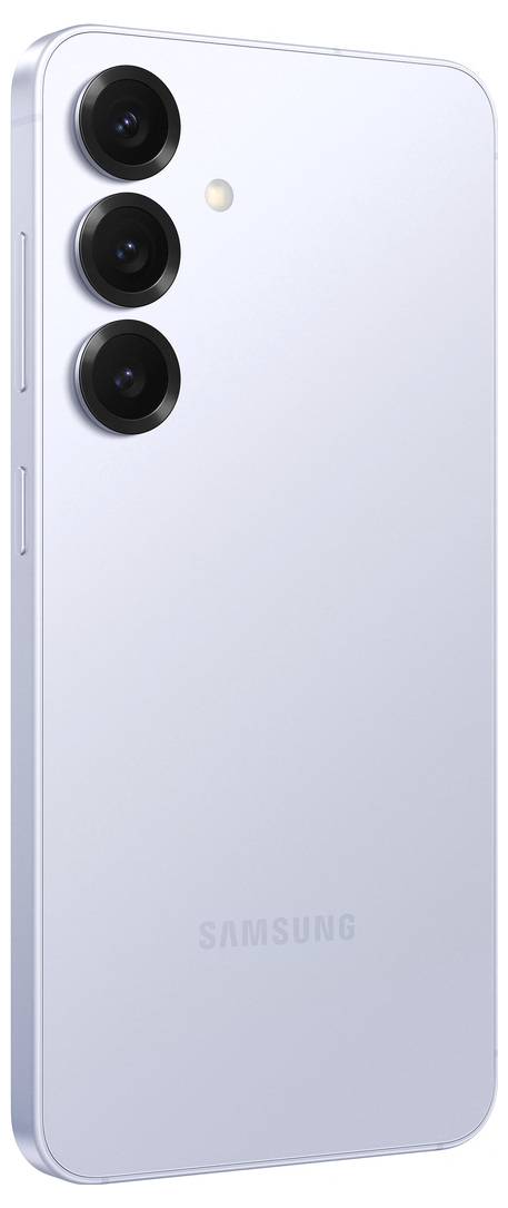 Een wit smartphone met drie camera's aan de achterkant in verticale configuratie en een kleine flitser ernaast.