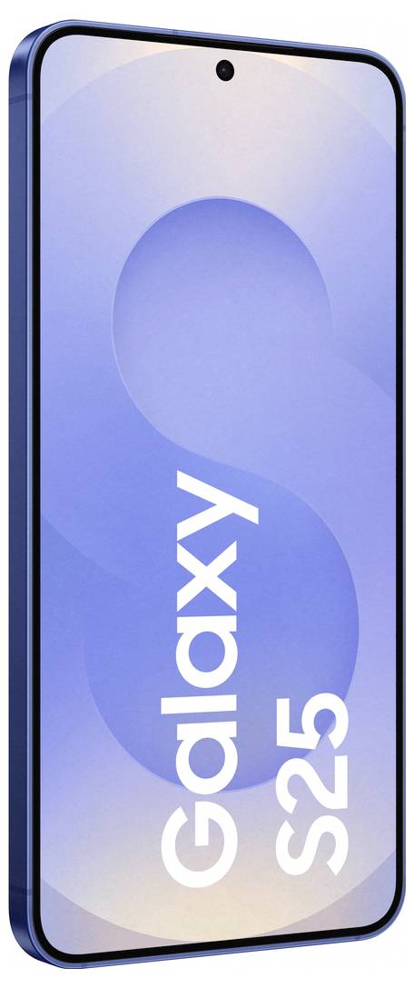 Smartphone met een blauw behuizing, met verticaal geplaatste 'Galaxy S25'-tekst op het display, toont een minimaal schermontwerp.