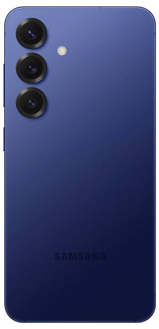 Een blauwe Samsung smartphone met drie camera's en een flitser aan de achterkant.