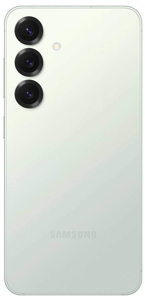Achterkant van een modern smartphone met drie cameraloopvlakken en een flitser in de linkerbovenhoek. De kleur is lichtgroen.