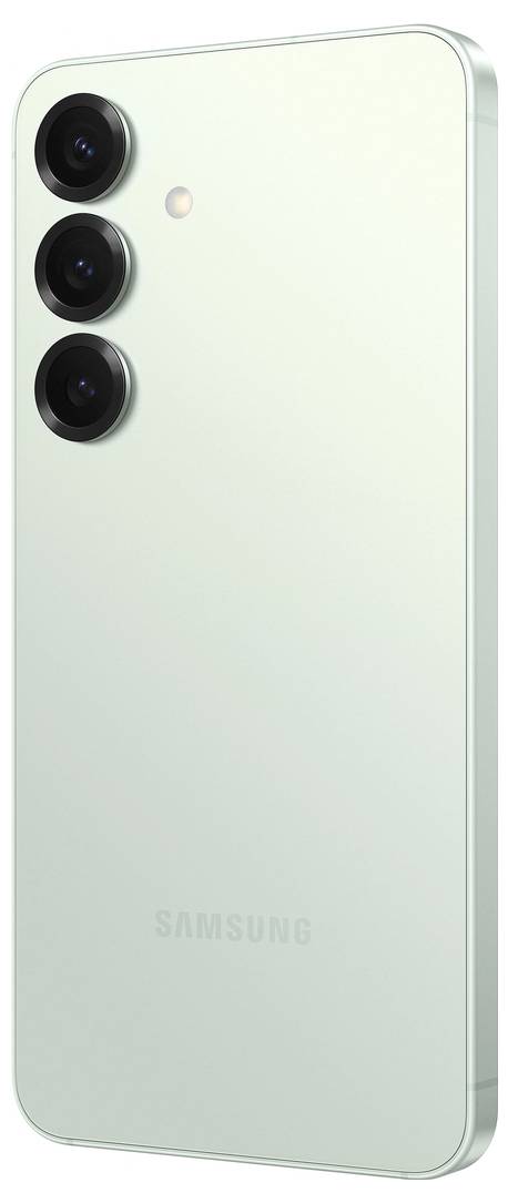 Smartphone met drie verticaal geplaatste cameralenzen en LED-flits aan de achterkant, strak design in een lichte kleur.