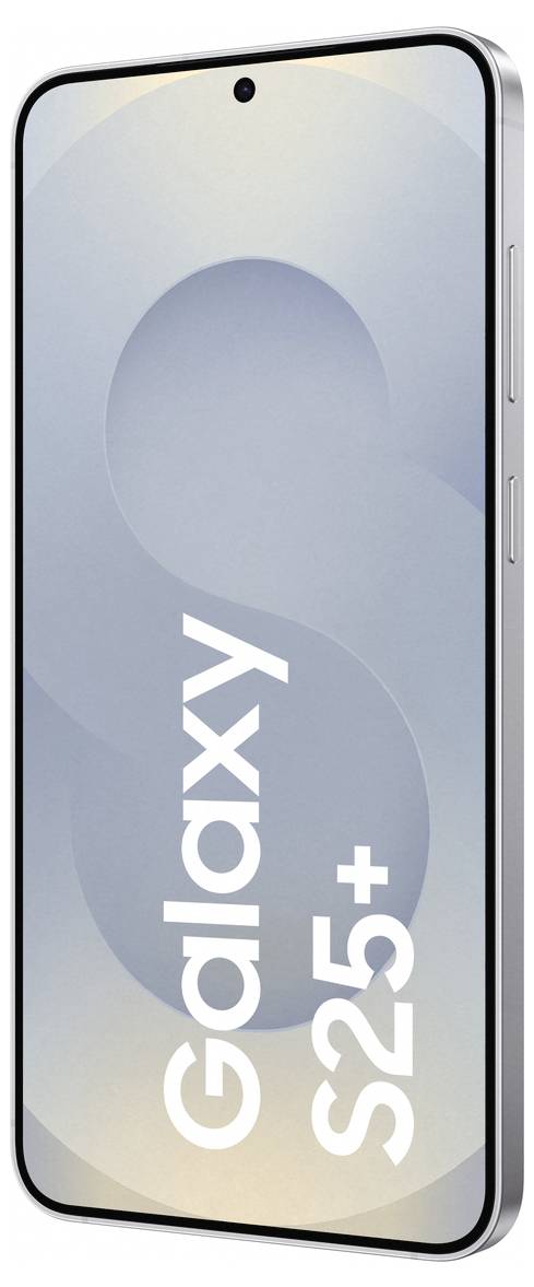 Smartphone van opzij getoond, met een groot scherm en de tekst 'Galaxy S25+' op het display, zilveren rand.