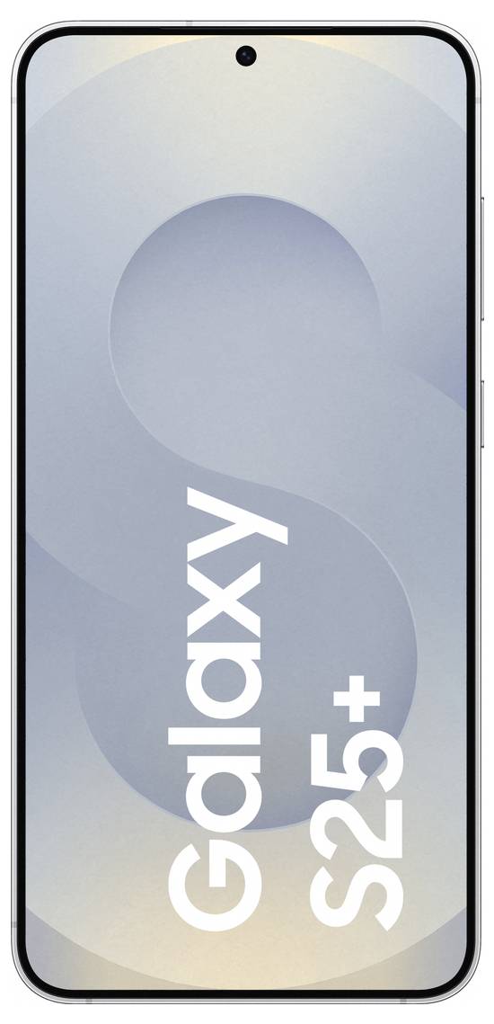Smartphone-scherm met de tekst 'Galaxy S25+'. Achtergrond in zachte grijstinten, centraal cameragat.