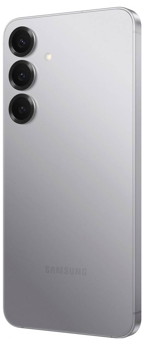 Een zilveren smartphone met drie verticale camera's aan de achterkant en een LED-flitser rechts ernaast.