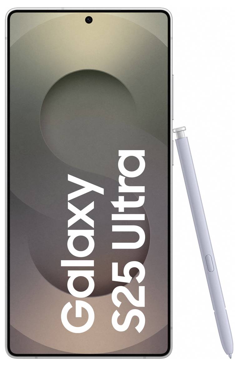 Smartphone Galaxy S25 Ultra in zilveren kleur, verticaal gericht, met de tekst 'Galaxy S25 Ultra' op het scherm; naast een stylus.