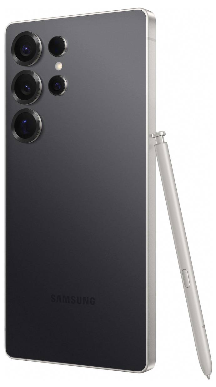 Een modern smartphone met vier cameralensen aan de achterkant en een zilveren stylus.