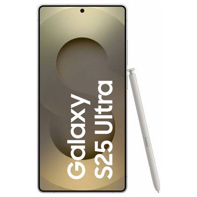 Smartphone 'Galaxy S25 Ultra' in goud met stylus, groot scherm, gecentreerde frontcamera bovenaan.