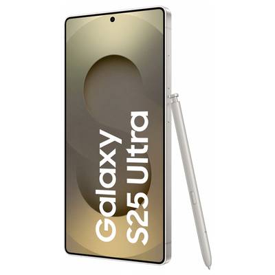 Een Samsung Galaxy S25 Ultra smartphone met S-Pen, in zilver, rechtop staand met afgeronde randen en een smal schermrand.