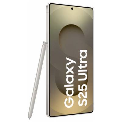 Smartphone 'Galaxy S25 Ultra' in zilver met stylus, verticaal weergegeven. Belangrijkste kenmerk is het grote display met smalle randen.