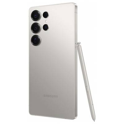 Een modern smartphone in zilver met vier camera-lenzen aan de achterkant, met een bijpassende stylus ernaast.