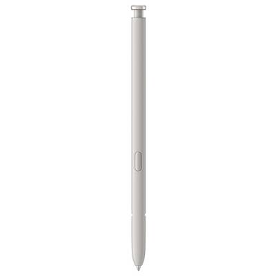 Een zilveren digitale stylus met een knop in het midden, geschikt voor touchscreens en grafische tablets.
