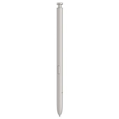 Een zilveren stylus-pen in verticaal zicht met een zichtbare knop in het midden, met een afgeronde puntbeëindiging.