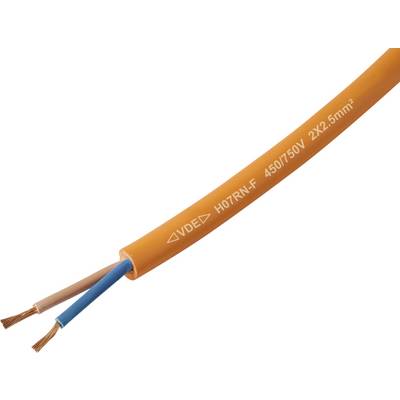 'Oranje elektriciteitskabel met blootliggend uiteinde, waarbij blauwe en bruine draden zichtbaar zijn; gelabeld als VDE H07RN-F 450/750V 2x2.5mm².'