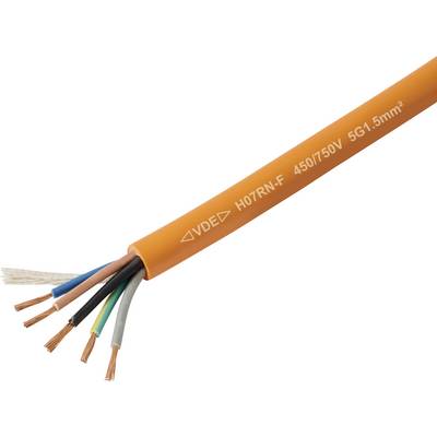 Een oranje elektrische kabel met verschillende gekleurde draden blootgesteld aan het uiteinde, gelabeld '450/750V 5G1.5mm²', waarbij de spanning en draaddikte worden aangegeven.
