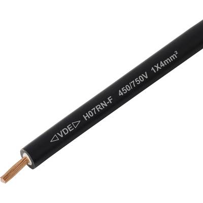 Een enkeladerige elektrische kabel voorzien van het label 'VDE H07RN-F 450/750V 1X4mm²', met ontblote koperdraad aan één uiteinde, geschikt voor industrieel gebruik.