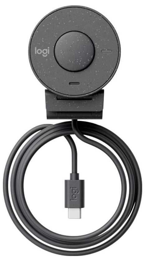 Een rond, zwart oplaadstation met USB-C-aansluiting en opgerold snoer, gemarkeerd met 'logi', geschikt voor draadloos opladen.