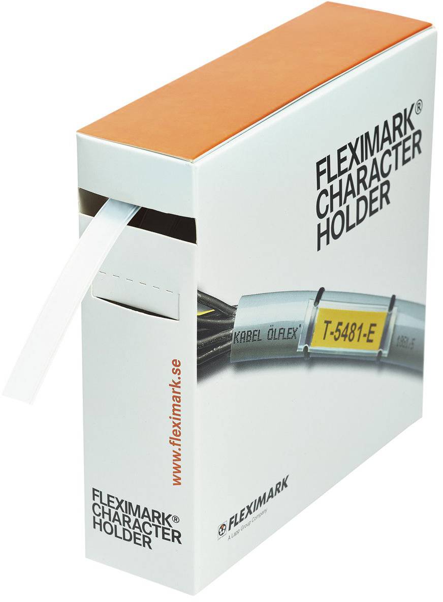 Een witte kartonnen doos met het opschrift 'FLEXIMARK CHARACTER HOLDER' bevat flexibel markeringsmateriaal voor kabellabeling.