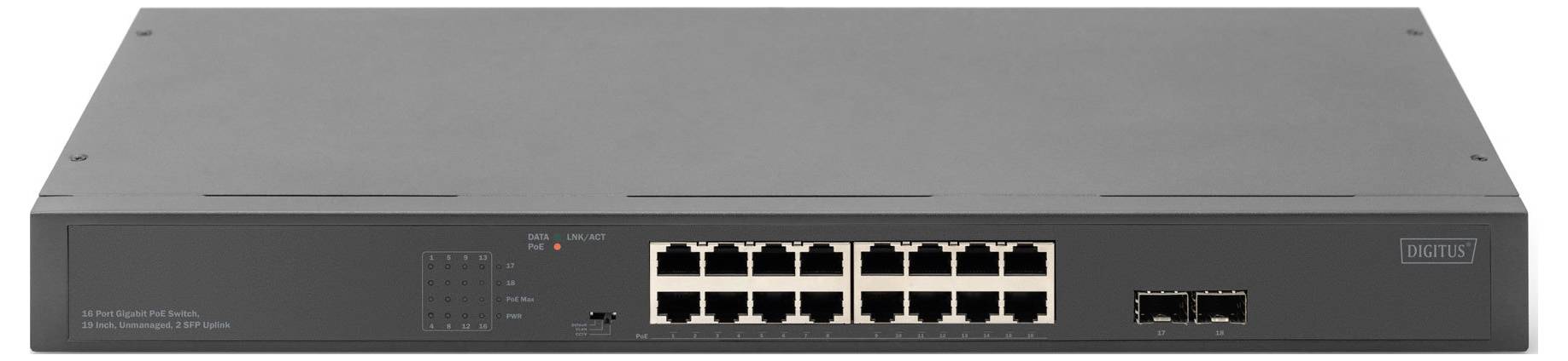 Een zwarte netwerk-switch met zestien Ethernet-poorten en meerdere LED-indicatoren voor statusbewaking.