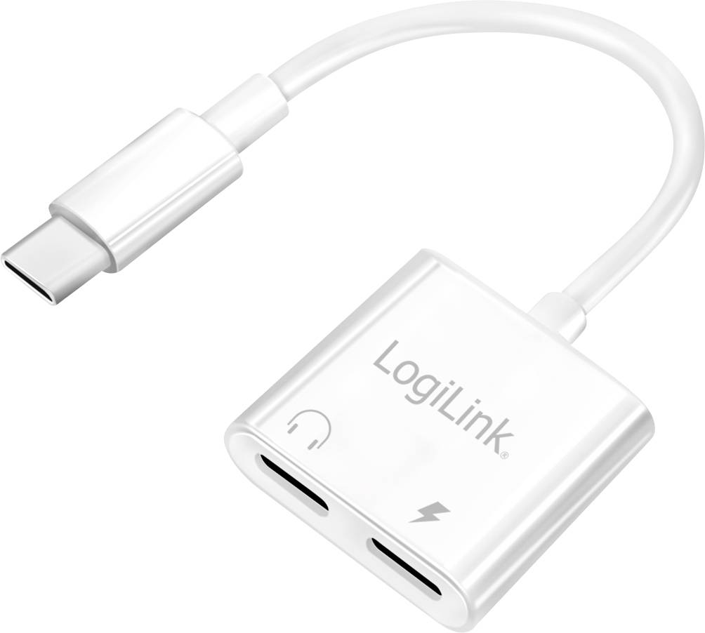 Adapter met USB-C-stekker en twee aansluitingen: één voor hoofdtelefoons (symbool) en één voor voeding (bliksemsymbool), merk 'LogiLink'.