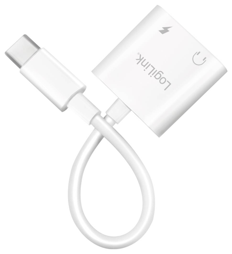 Een witte USB-C-adapter met een Thunderbolt-symbool en het opschrift 'Logilink' aan de bovenkant, toont zijn aansluitingen.