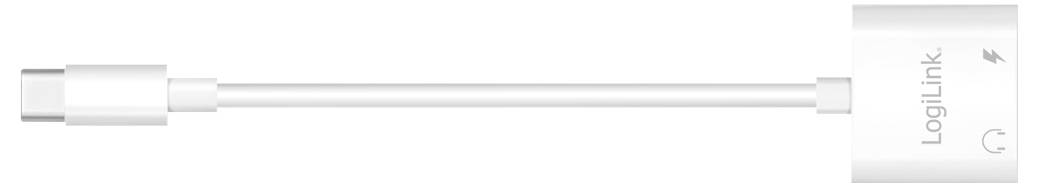 Een wit adapterkabel van LogiLink met USB-C naar VGA-aansluiting voor video-overdracht.