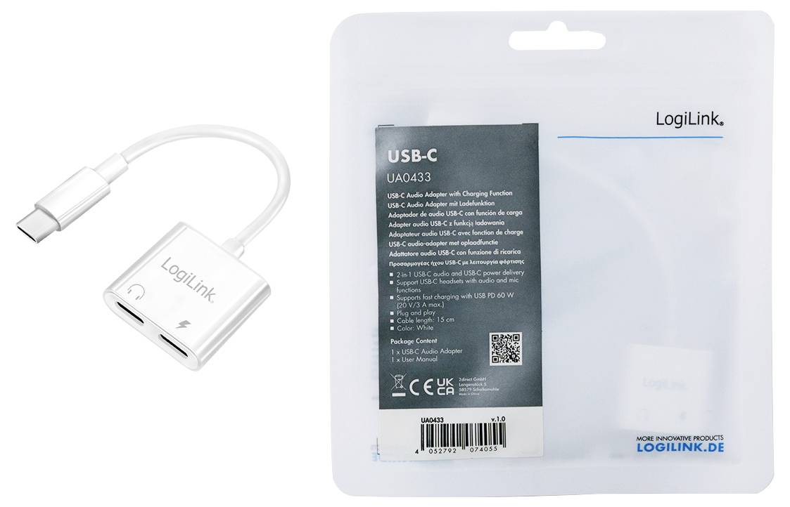 Een USB-C-audioadapter van LogiLink met oplaadfunctie, model UA0433, in een witte verpakking. Adapter toont twee aansluitingen.