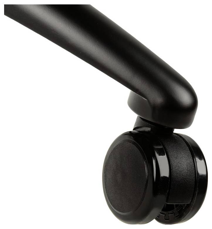 Zwart bureaustoelwiel, gedeeltelijk zichtbaar, gemonteerd aan een poot.