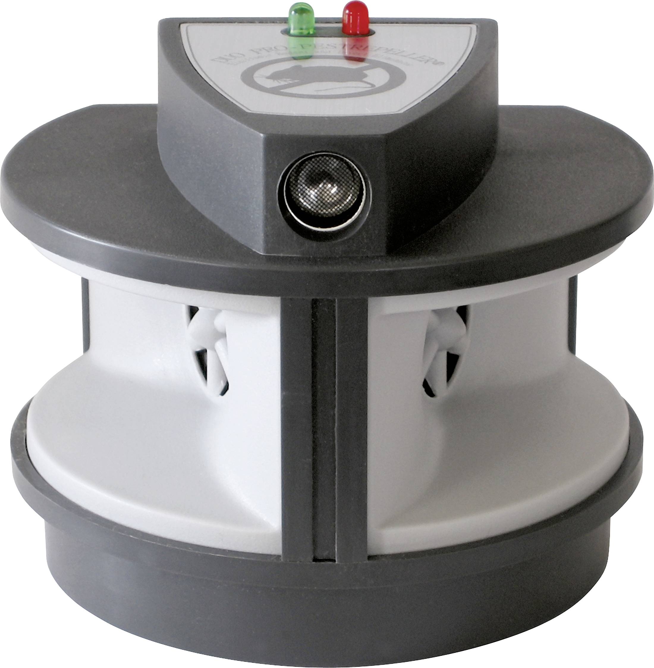 Een grijze ultrasone ongediertebestrijder met twee LED-indicatoren (rood en groen) aan de bovenkant. Ventilatiesleuven aan de zijkanten.