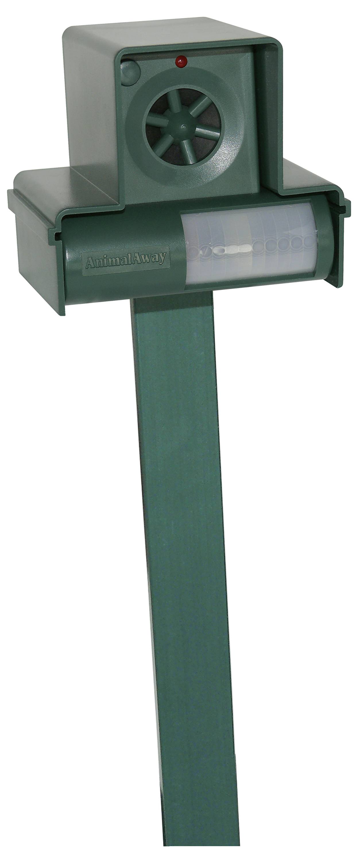 Een groen ultrasoon apparaat voor dierafweer, gemonteerd op een stang, met detector en luidspreker aan de voorzijde.
