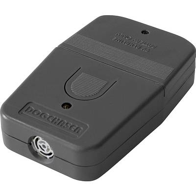 Een draagbaar ultrasoon apparaat ter hondenverdrijving, met een luidsprekerooster aan de voorkant en een knop bovenop, gemarkeerd met 'Dog Chaser'.
