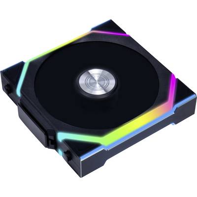 Een vierkante computerventilator met een zwarte behuizing, voorzien van RGB-LED-strips rondom.