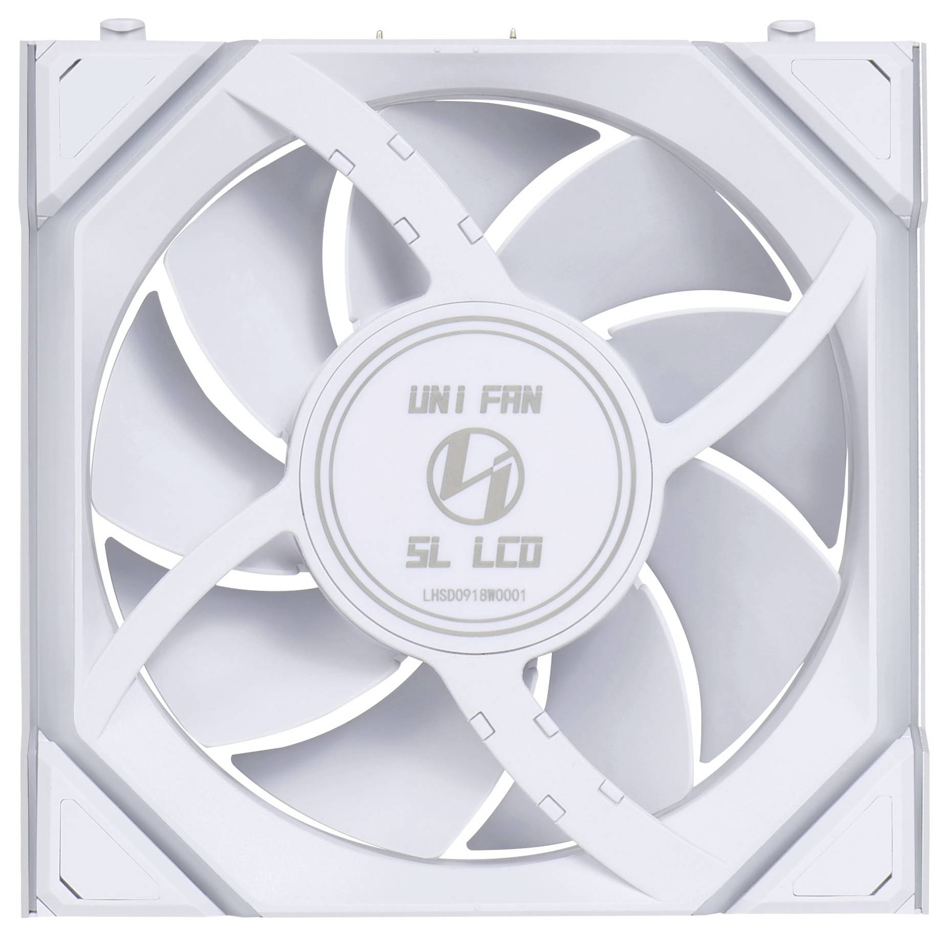 Een witte computerventilator met de opdruk 'UNI FAN SL LCD' op de voorkant, toont het ontwerp en de ventilatorbladen.