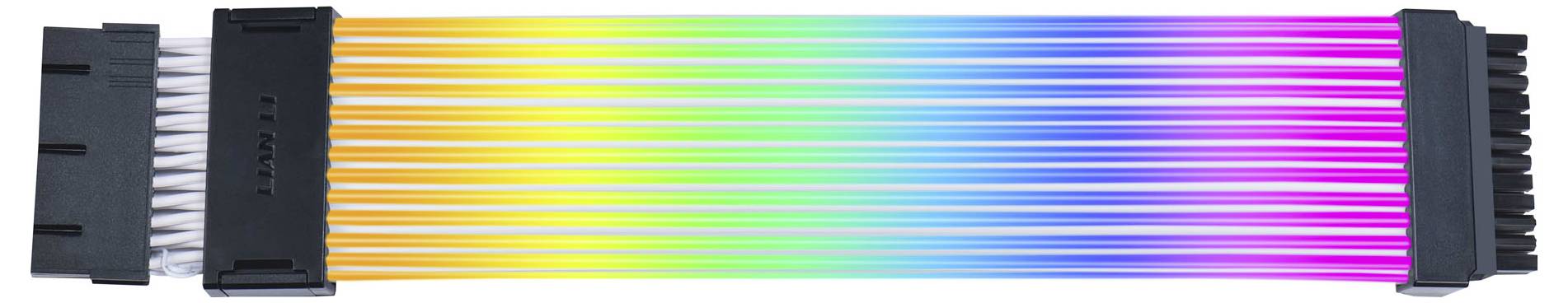 Plat, meerkleurig plat lint-kabel dat van links naar rechts loopt. Bevat regenboogkleuren van rood via groen naar paars.