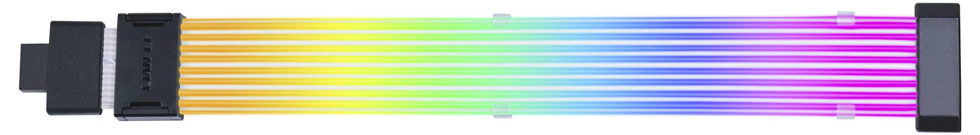 Meerkleurige, lichtgevende RGB-kabel met zwarte stekkers aan beide uiteinden, toont een kleurovergang van rood naar blauw.