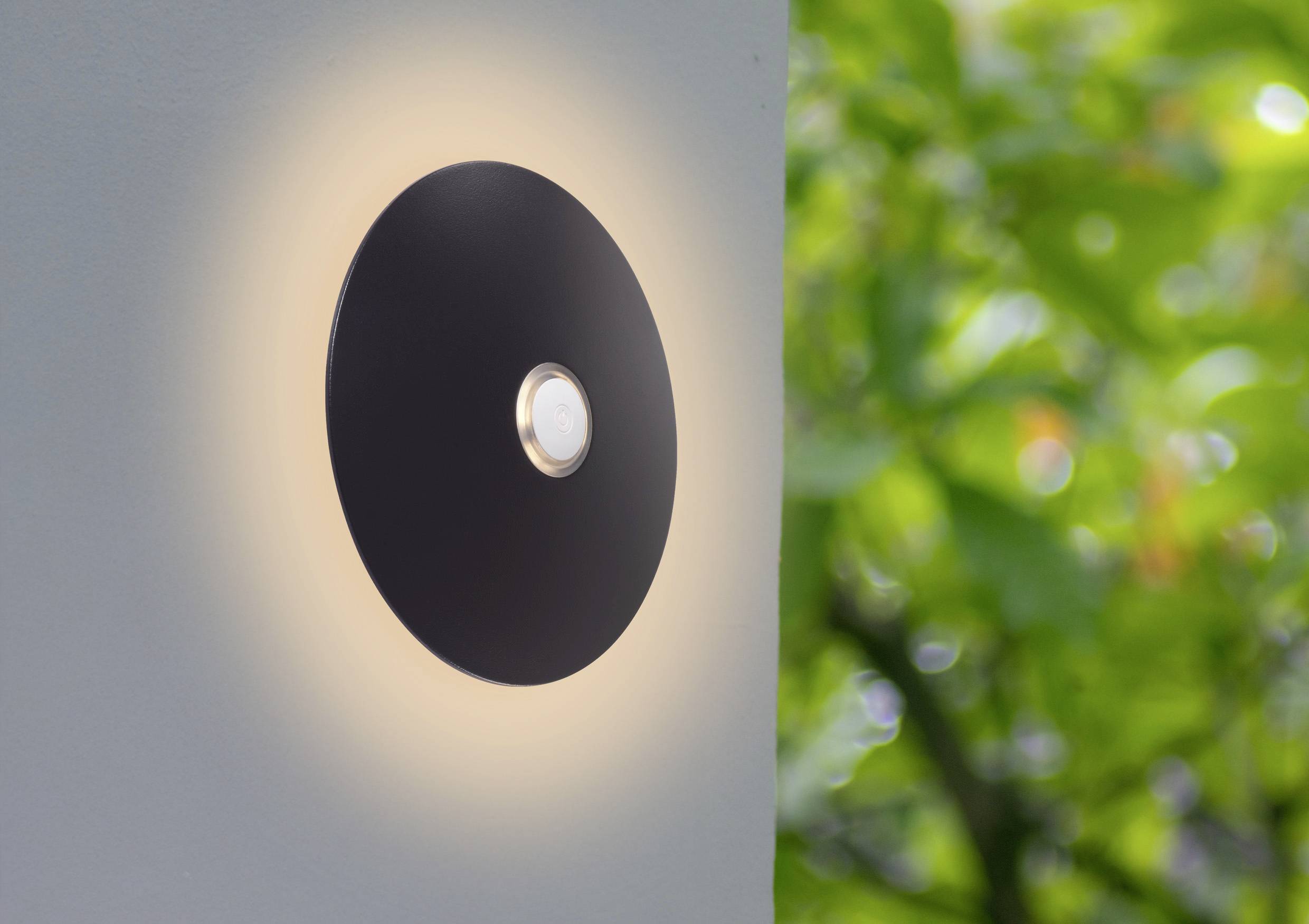 Een ronde zwarte wandlamp met een centrale lamp die een zacht licht uitstraalt, gemonteerd op een lichtgrijze muur met groene bladeren op de achtergrond.