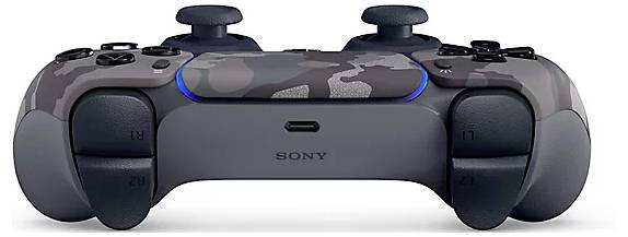 Een grijs en zwart gecamoufleerd gamecontroller op de voorgrond.