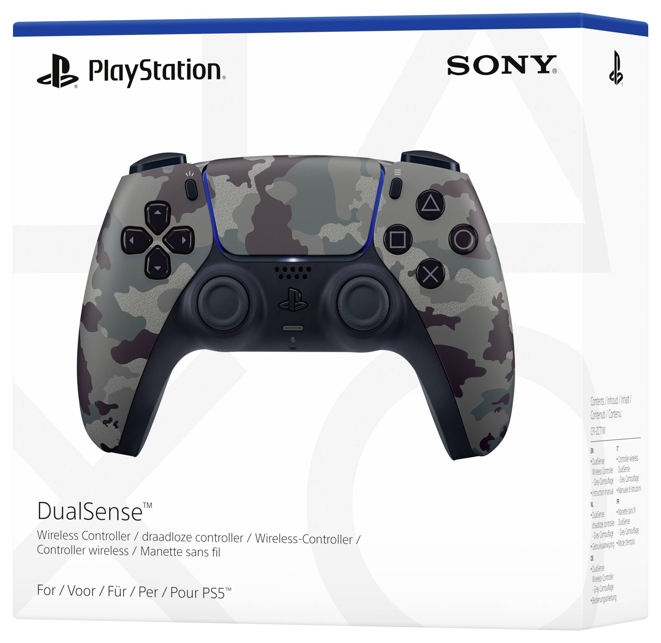 PlayStation DualSense Controller in camouflage design op verpakking met Sony-logo. Geschikt voor PS5.