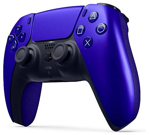 Een blauwe gamingcontroller met twee joysticks, vier knoppen rechts en een D-pad links.