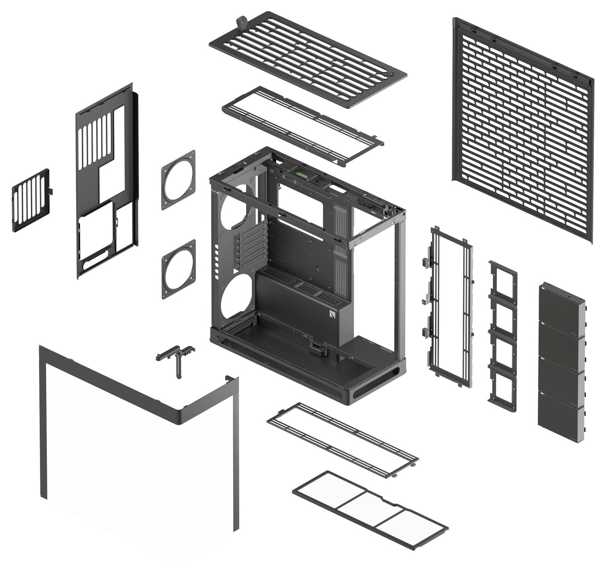 Ontploft diagram van een computerbehuizing met verwijderbare onderdelen zoals zijpanelen, ventilatierooster en frame in een overzicht.