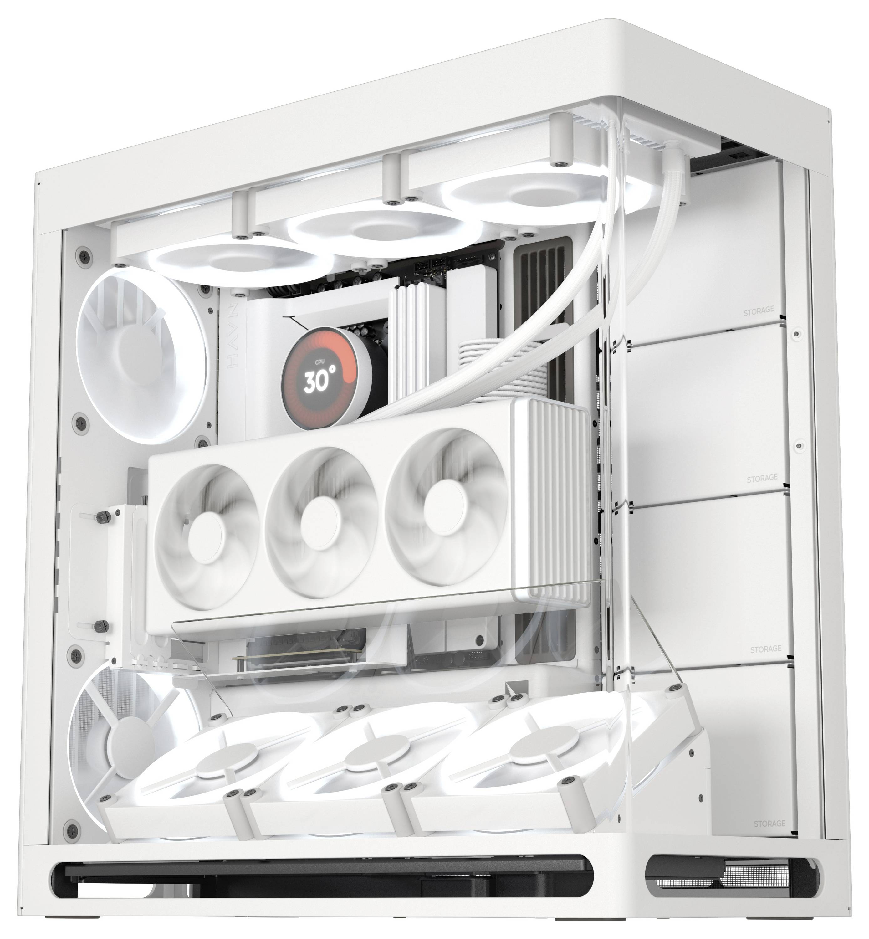 Een wit computerbehuizing met transparante zijkanten toont verschillende verlichte ventilatoren en een temperatuurweergave van 30 graden.