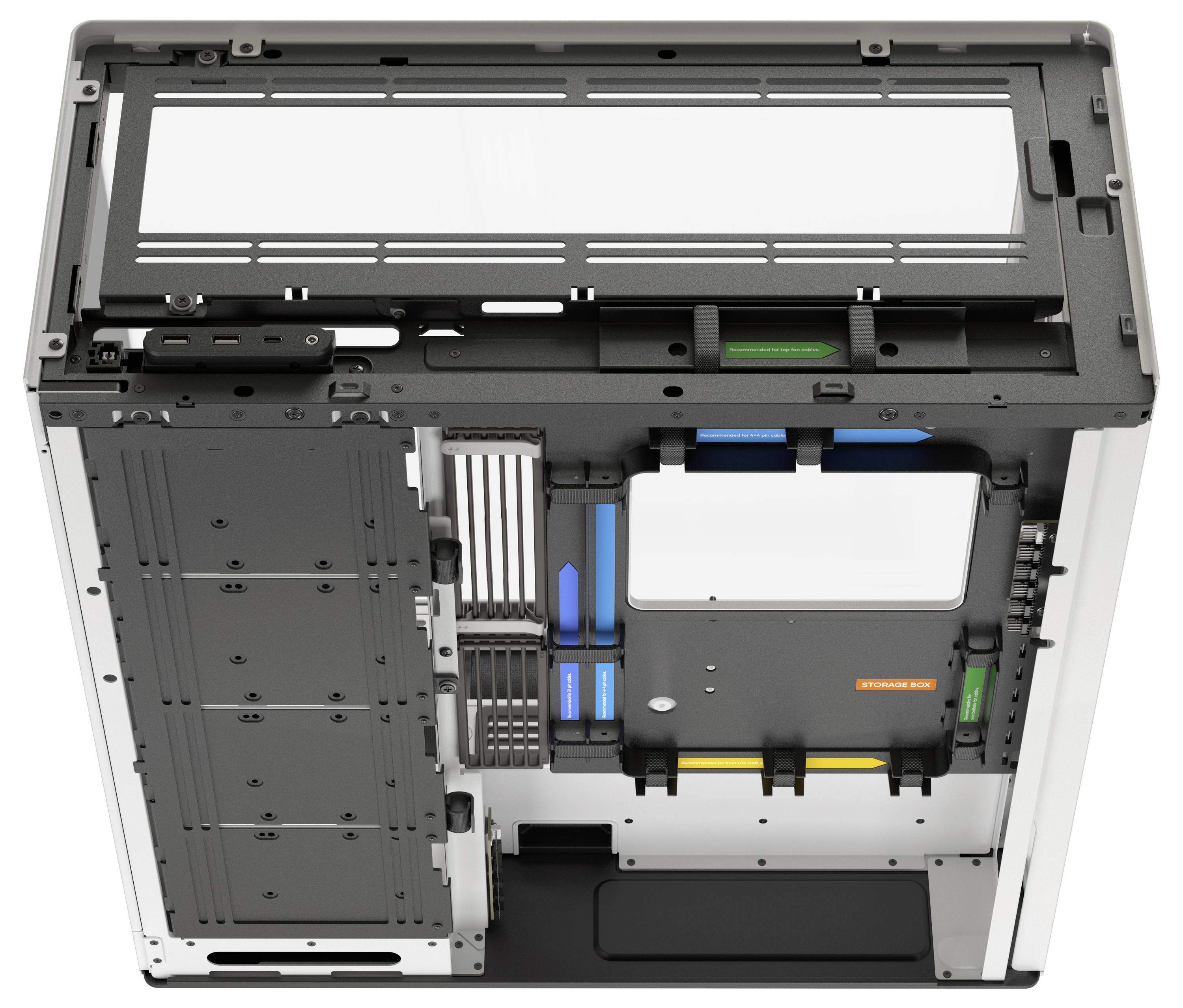 Computerbehuizing van bovenaf, zonder componenten. Placeholder voor moederbord en harde schijf gemarkeerd in verschillende kleuren.