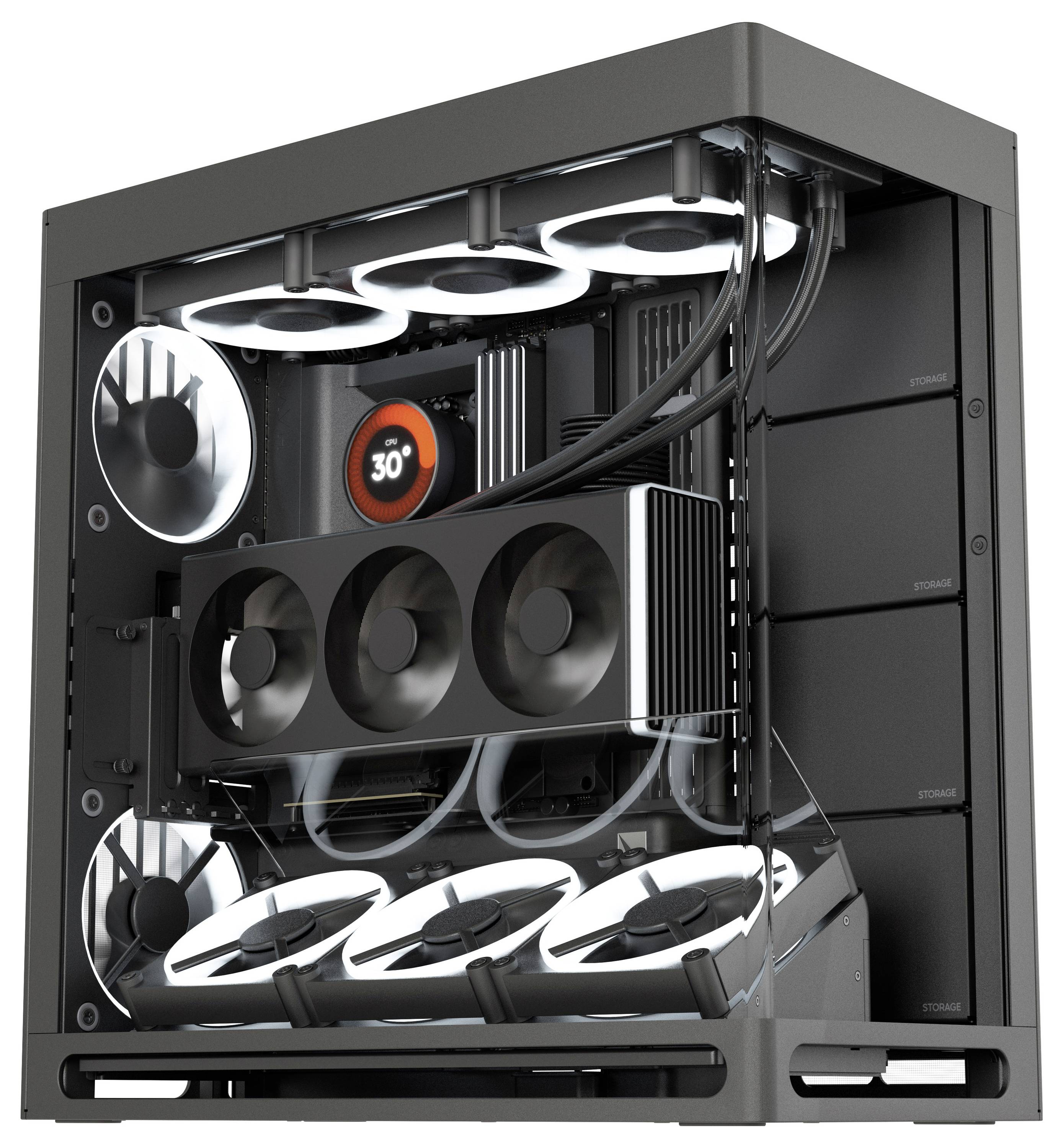 High-performance gaming-pc met transparante zijkant onthult krachtige videokaart, koelventilatoren en temperatuurmeter.