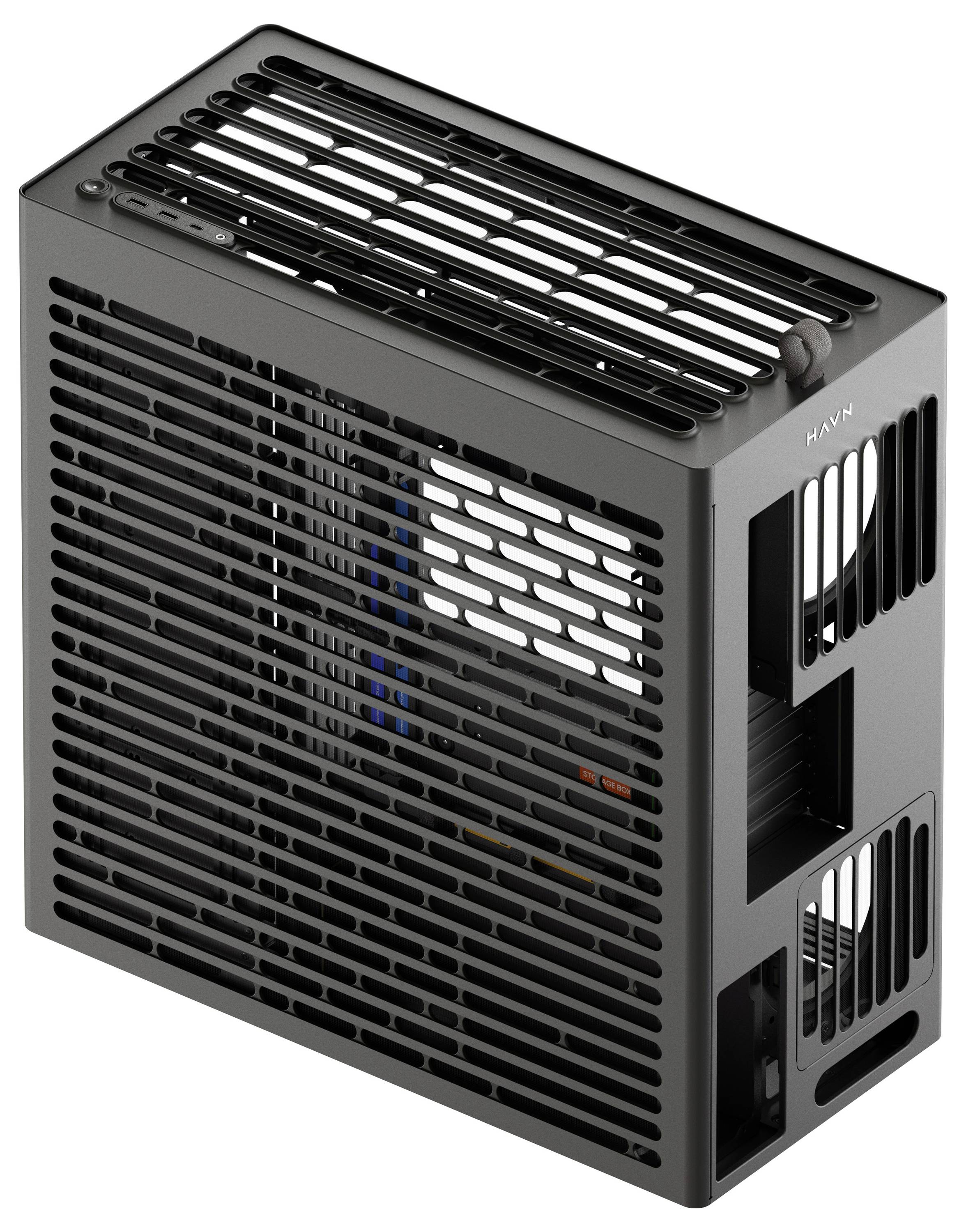 Een rechthoekig, zwart computerbehuizing met zijdelingse ventilatiesleuven en de tekst HAVN rechtsboven.